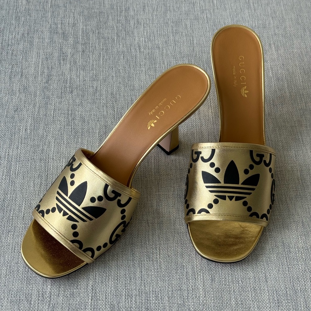 NEW adidas x Gucci women's gold metallic leather slide sandal.